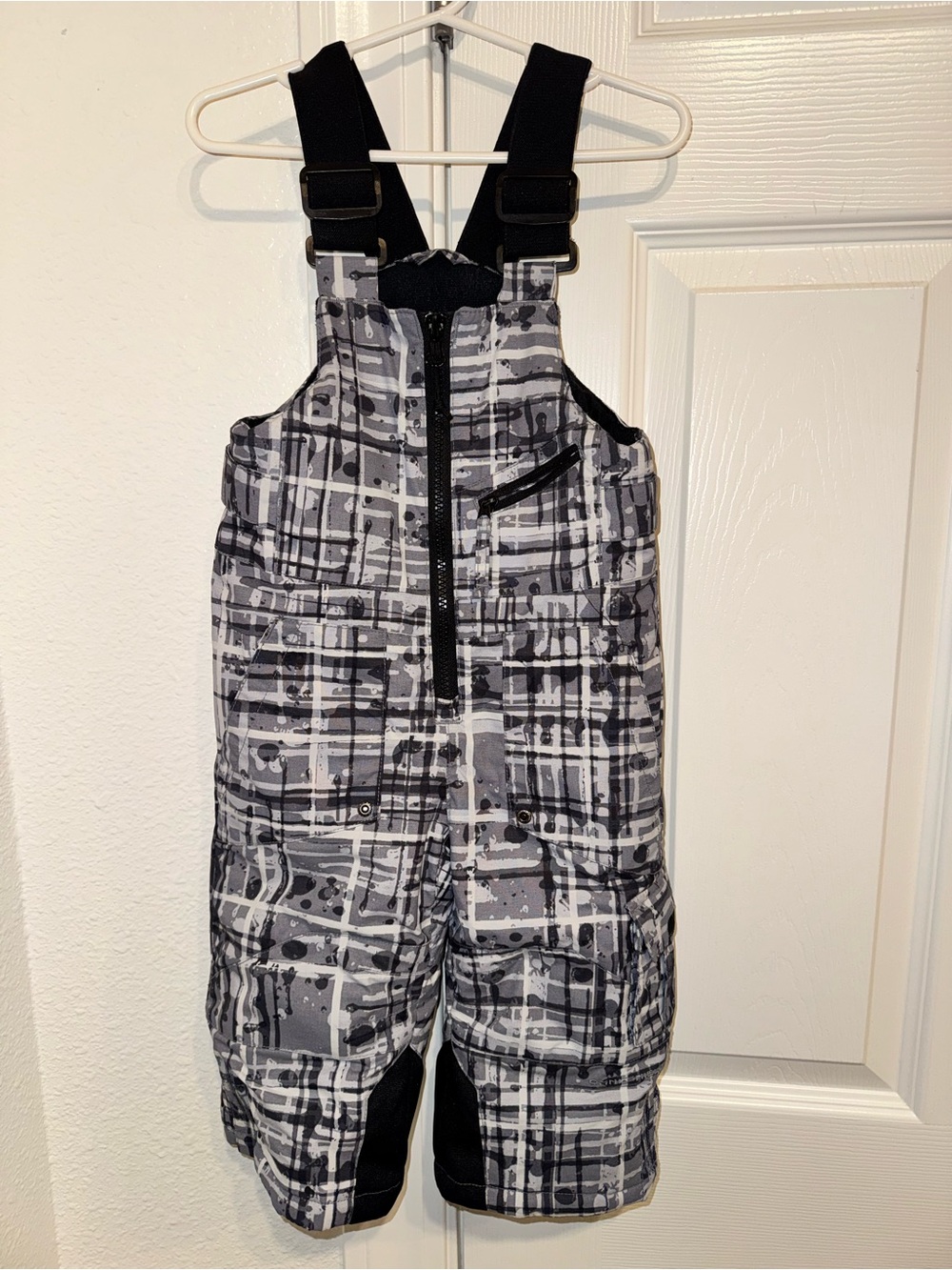 Kids Black & Gray Plaid Insulated One-Piece Snow Bib